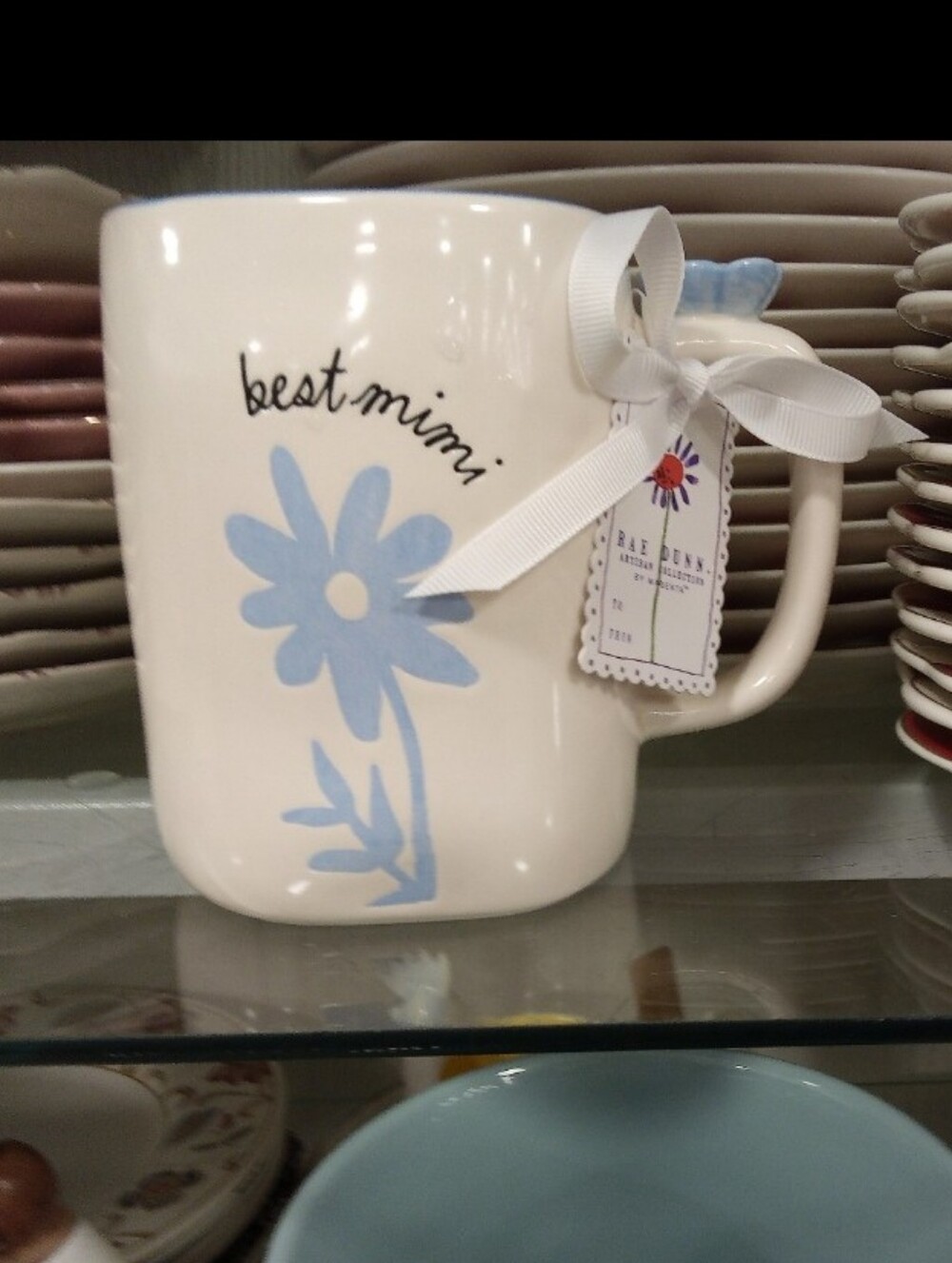 Rae Dunn Best Mimi Ceramic Mug in Cream with Blue Floral